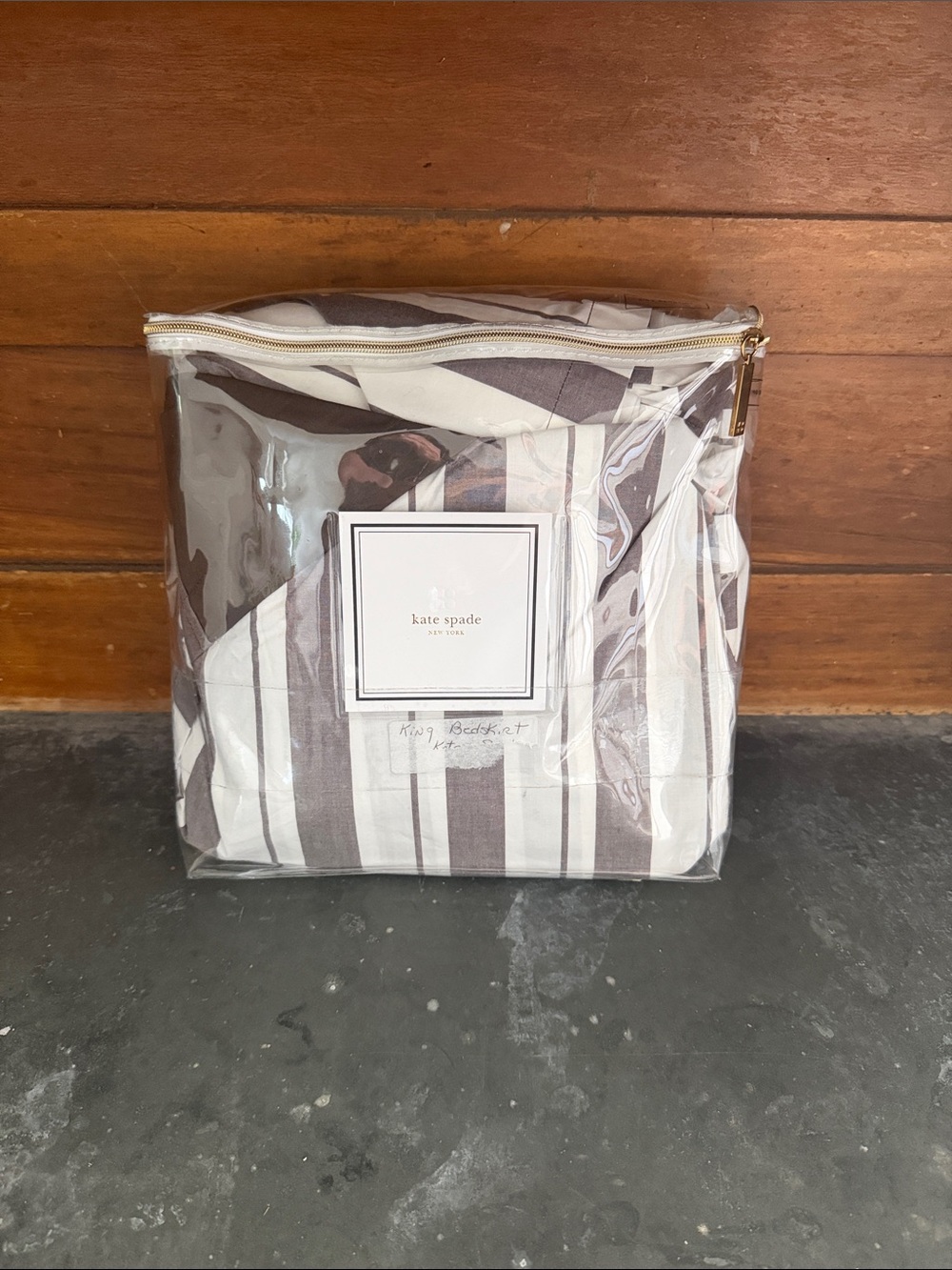 kate spade Brown and White Striped Bed Skirt in Clear Pouch KING (CCC)